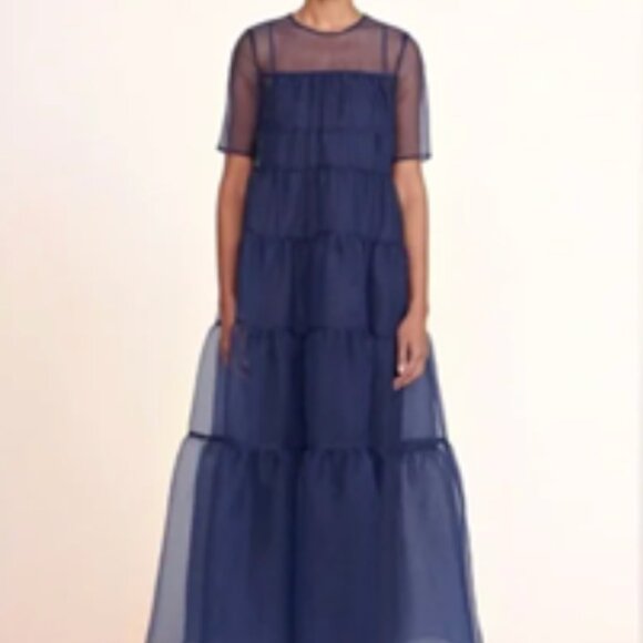 Staud Hyacinth Tiered Organza Overlay Maxi A-Line Dress in Navy Blue NWT - Picture 2 of 8